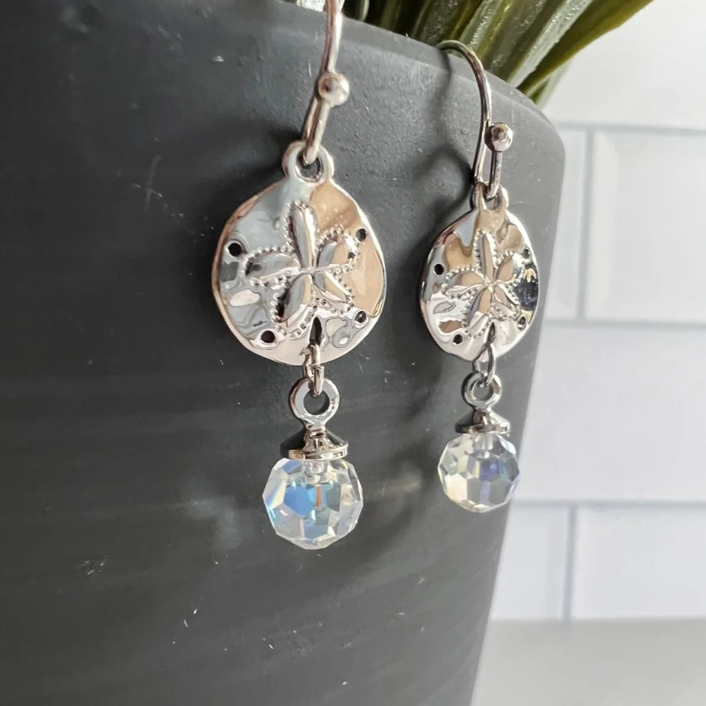 Swarovski Crystal Silver Dollar and Clear Crystal Dangle Earrings - Picture 3 of 4